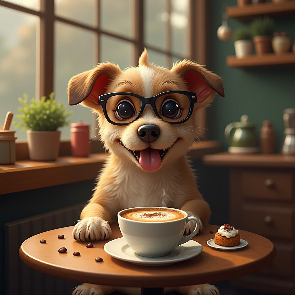 Dog Sipping Cappuccino in Coffee Shop, Fantasy Art