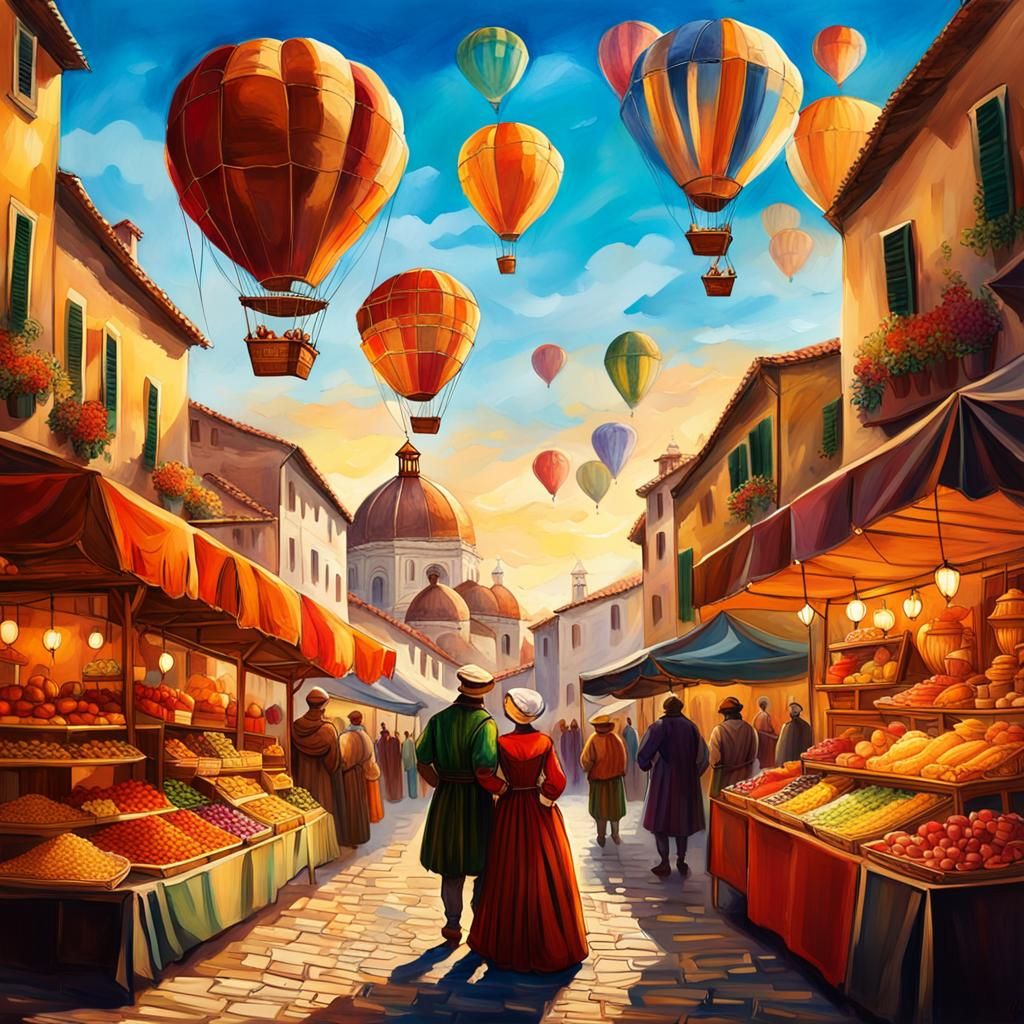 Italian Street Market Scene in Renaissance Style