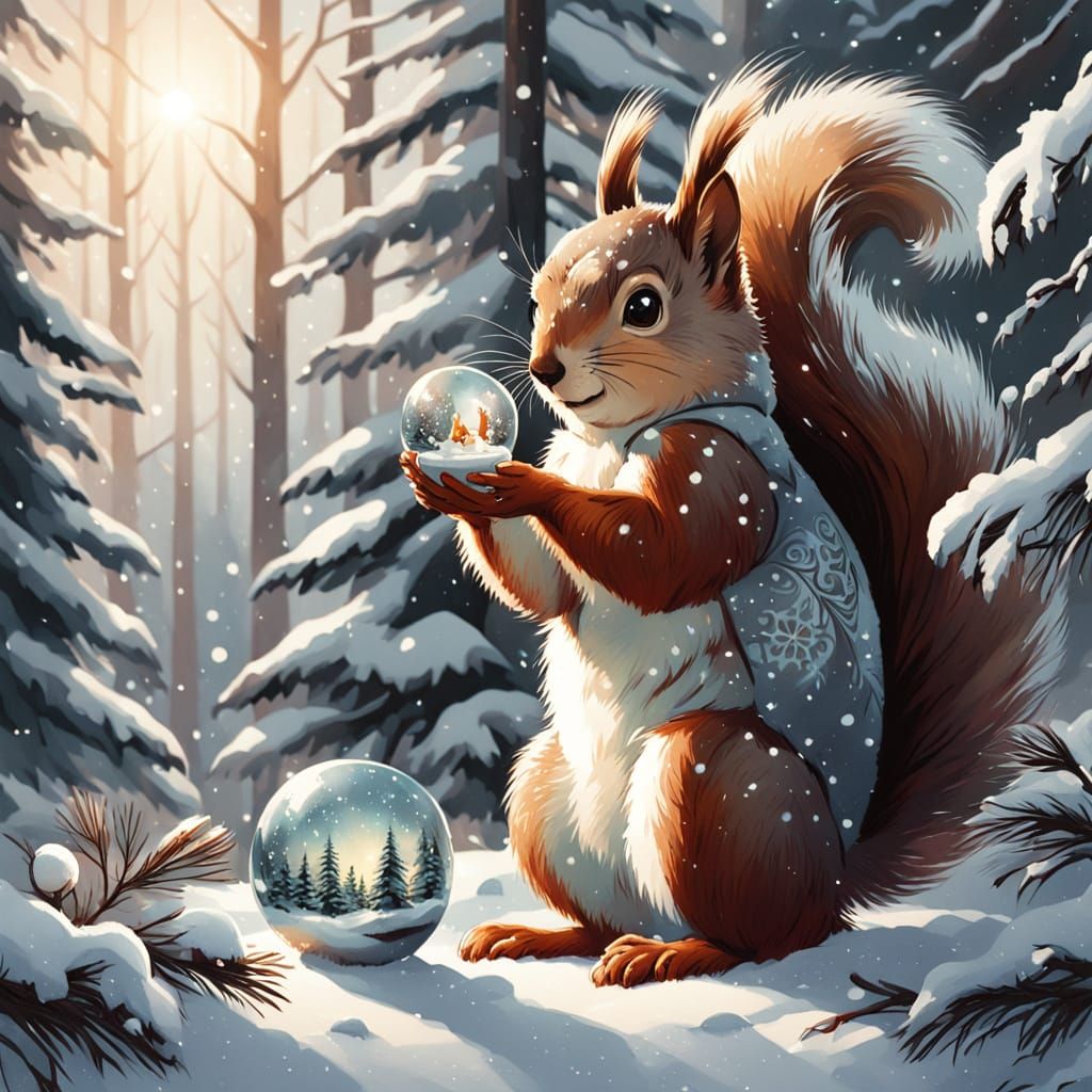 Charming Squirrel with Christmas Bauble in Snowy Forest