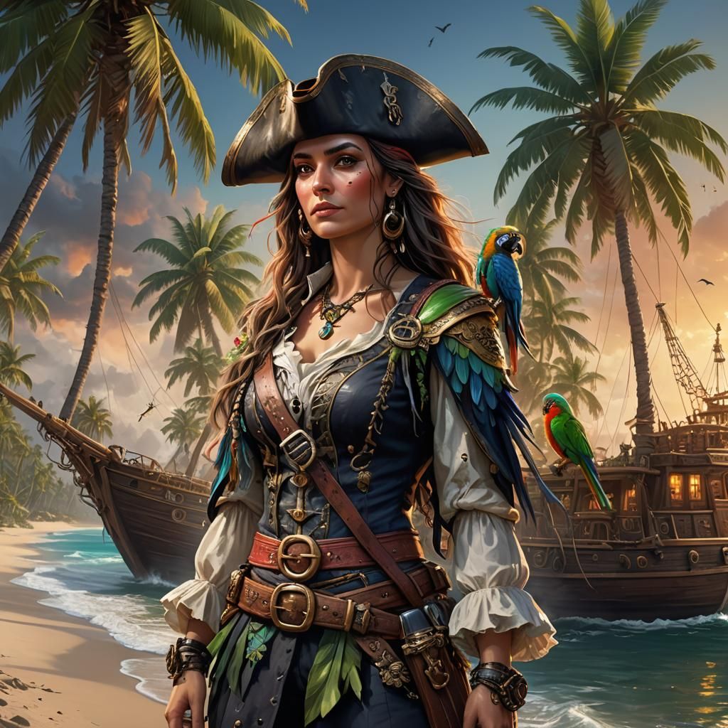 Pirate Queen Portrait with Parrot in Octane Render