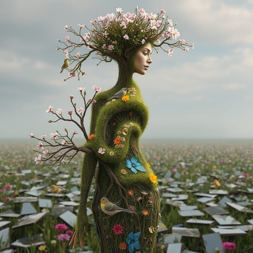 Surreal Woman-Tree Hybrid in Interconnected Ecosystem