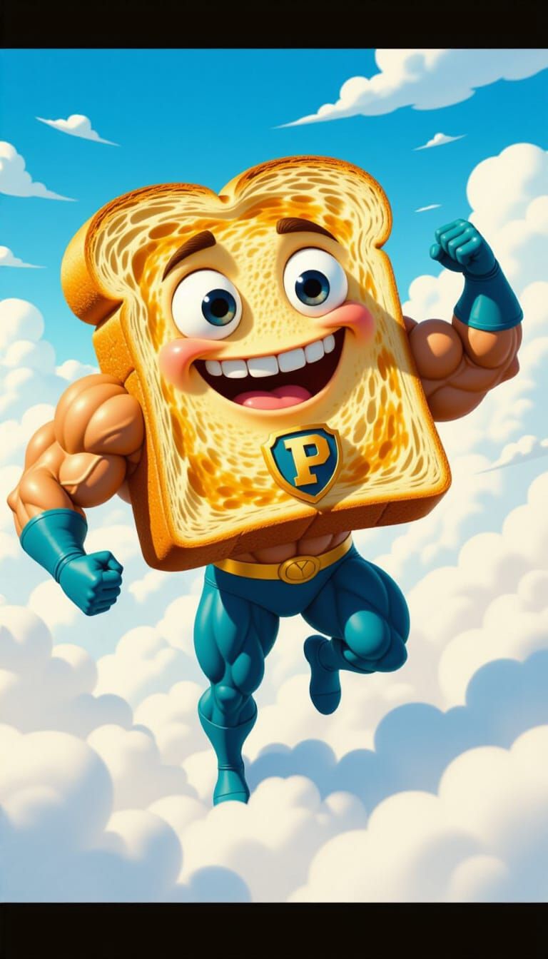 Muscular Toast Man Flies Through Clouds