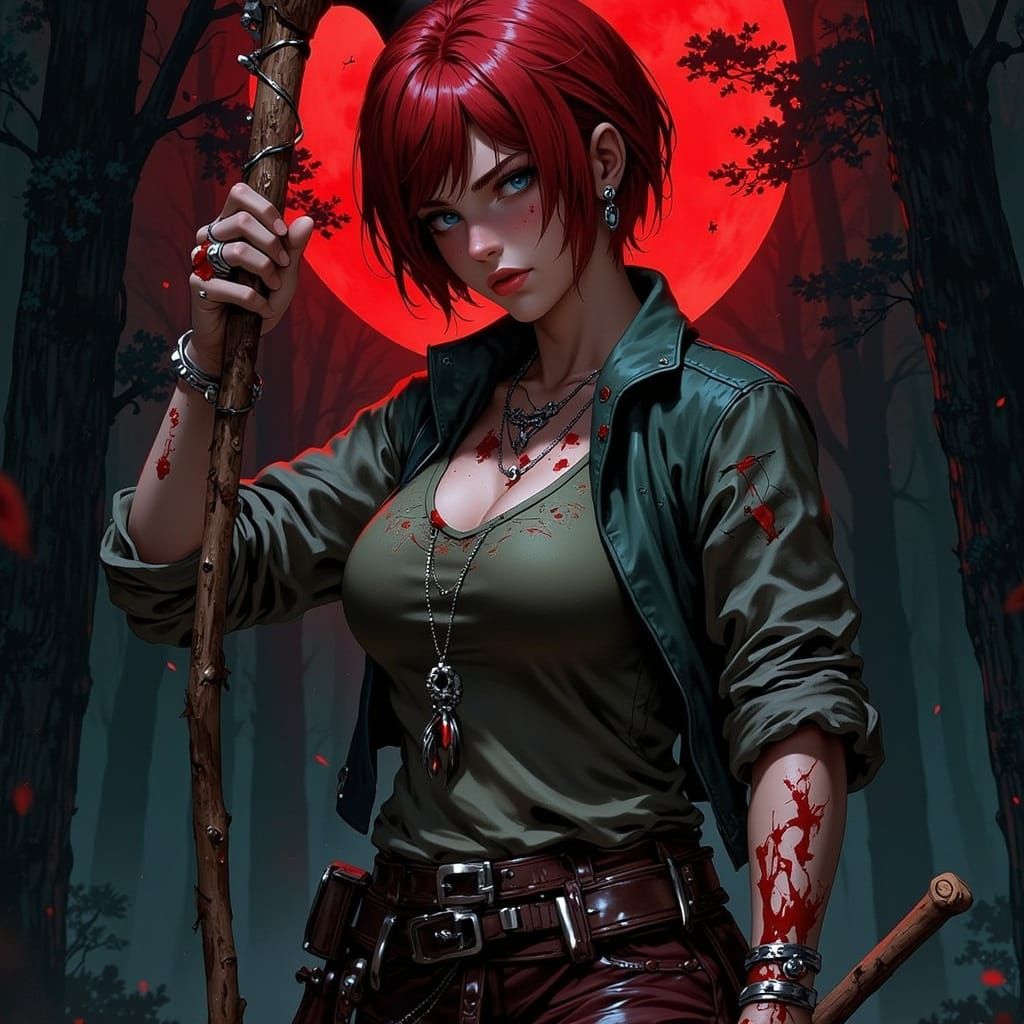 Red-Haired Woman with Axe in Misty Forest