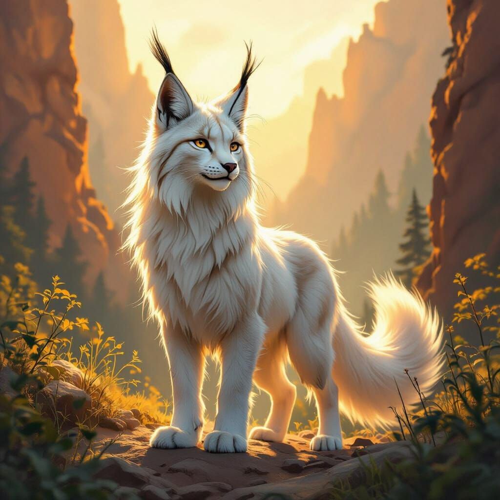 Golden Sunlight Illuminates Mythical Lynx in Forest Canyon