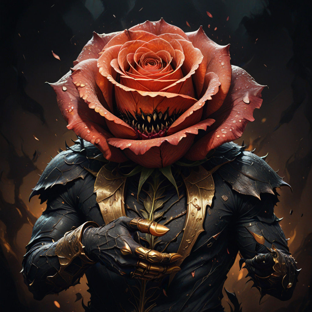 Vivid Dark Fantasy Portrait of a Rose Petal Monster Giving a...