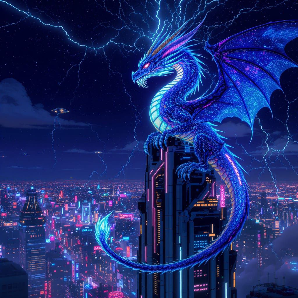 A bioluminescent dragon perches atop a towering cyberpunk skyscraper