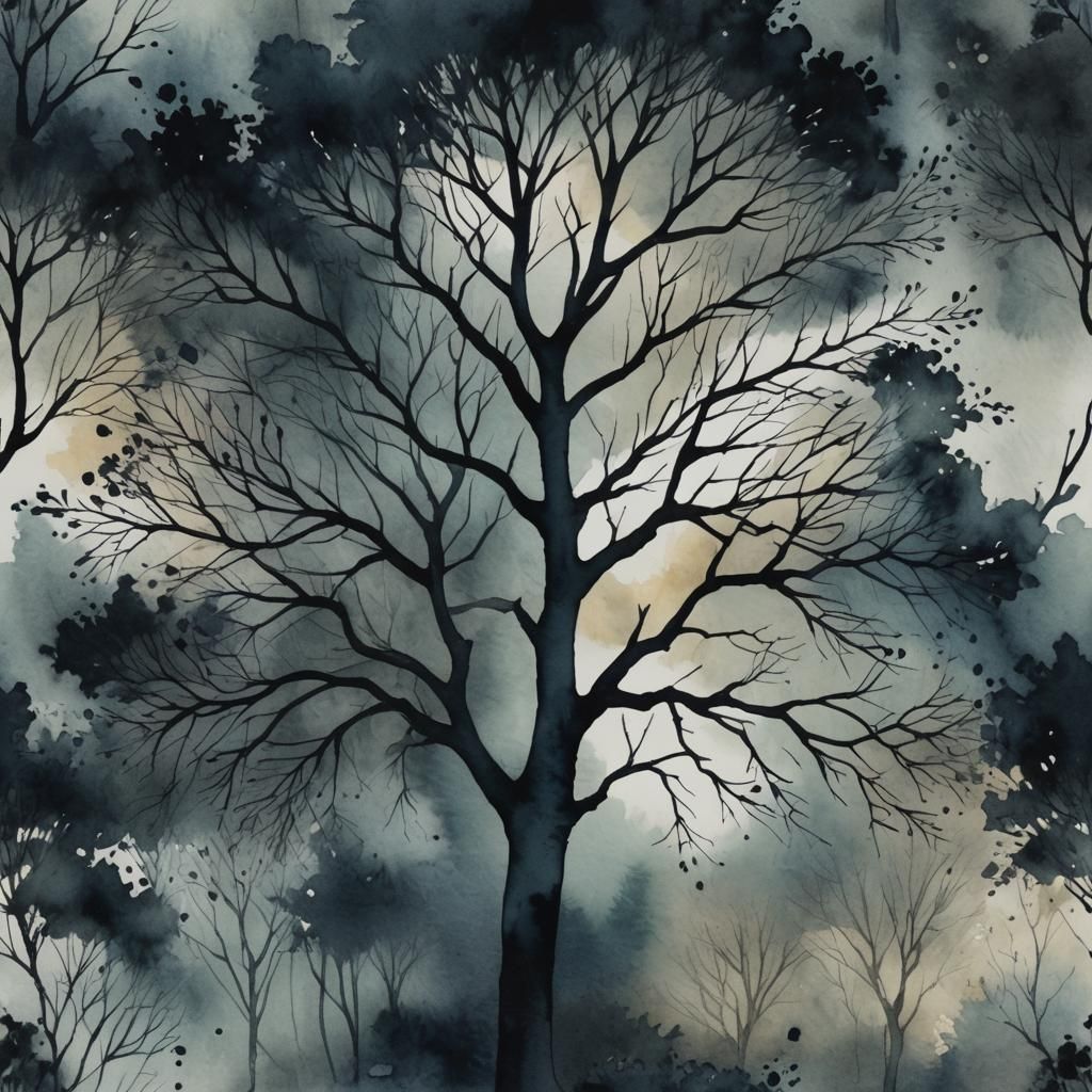 Moody Tree in Watercolor Abstract Art