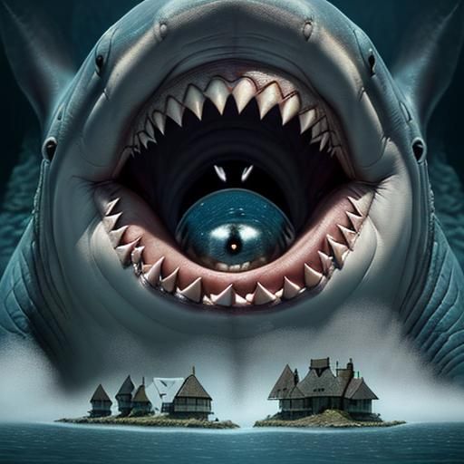 Miniature Village Inside Shark's Mouth: Hyperrealistic Photo