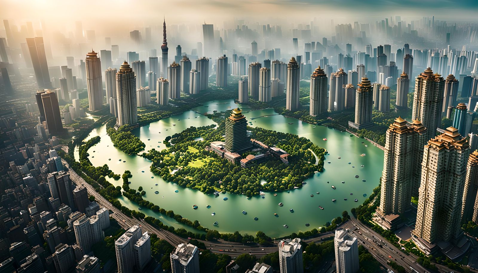 Overpopulated Chinese City with Green Park Towers