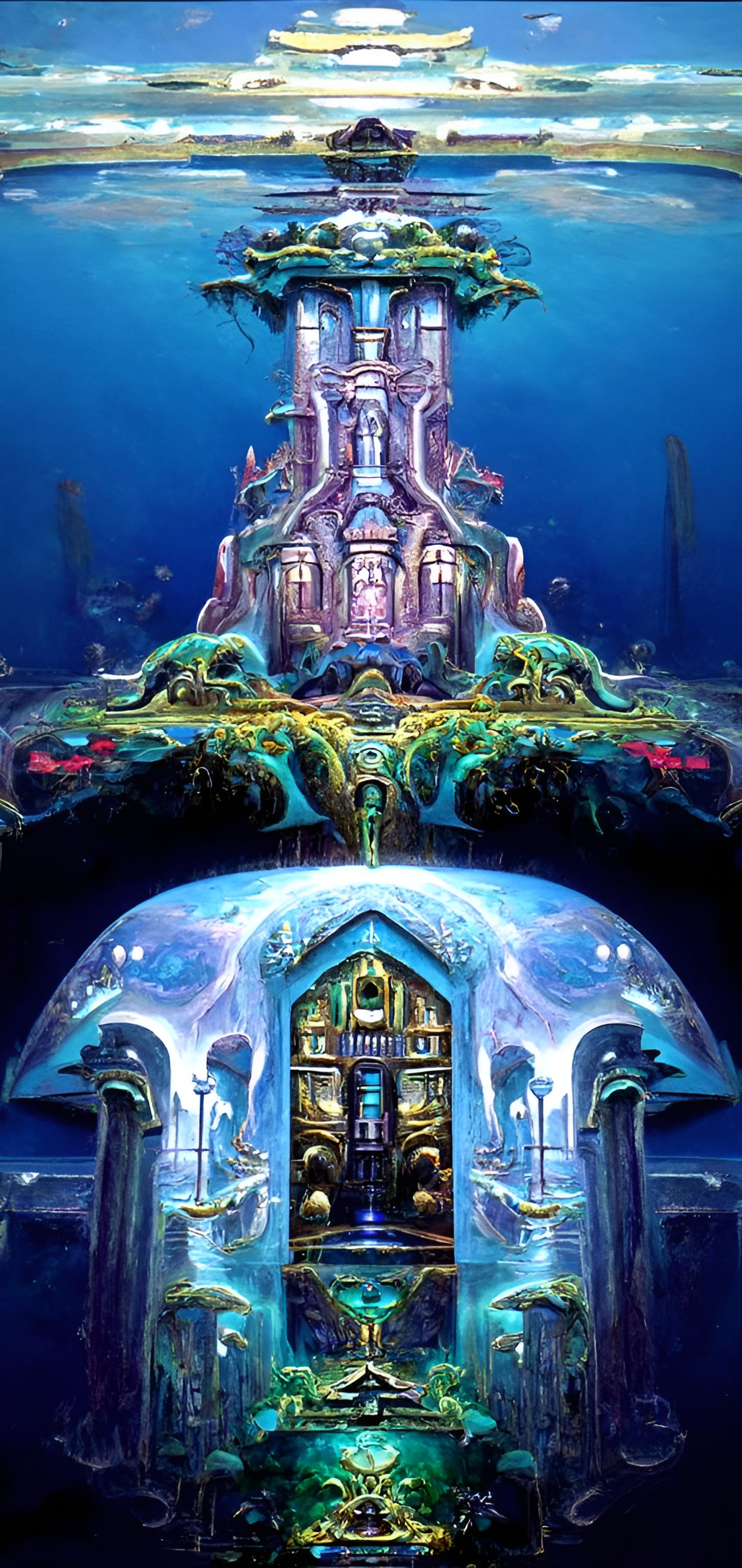 Bioluminescent Shipwreck and Submarine in a Psychedelic Styl...