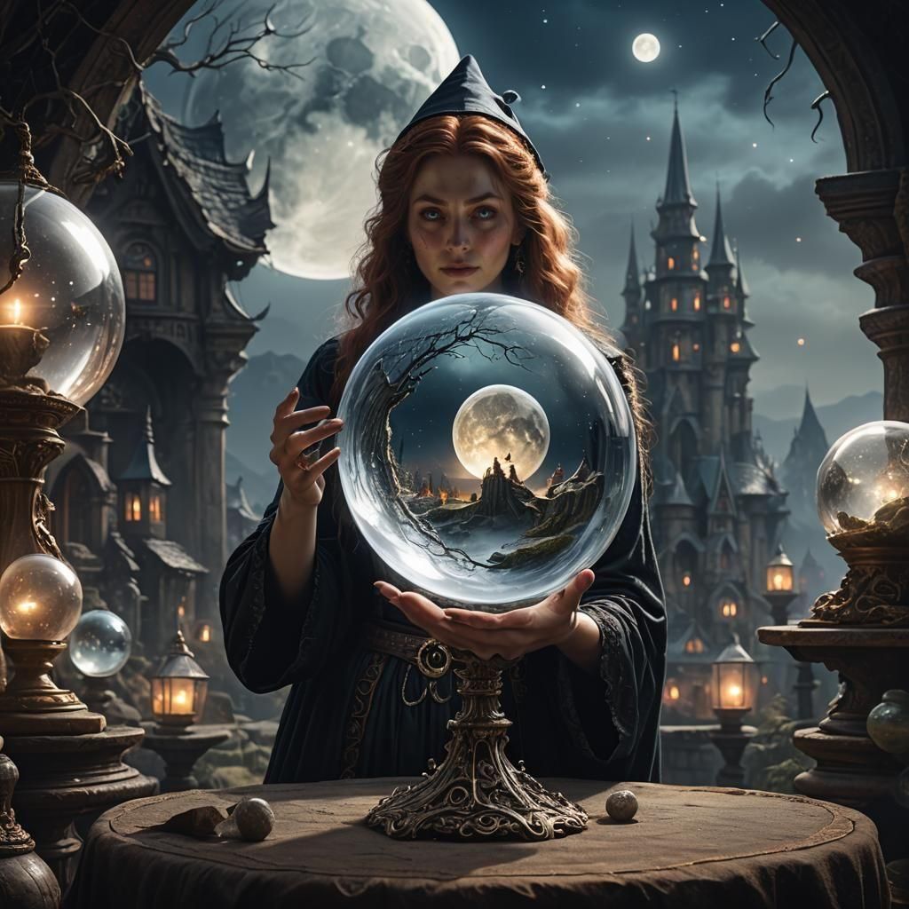 Mystical Witch Gazing at Moonlit Crystal Ball