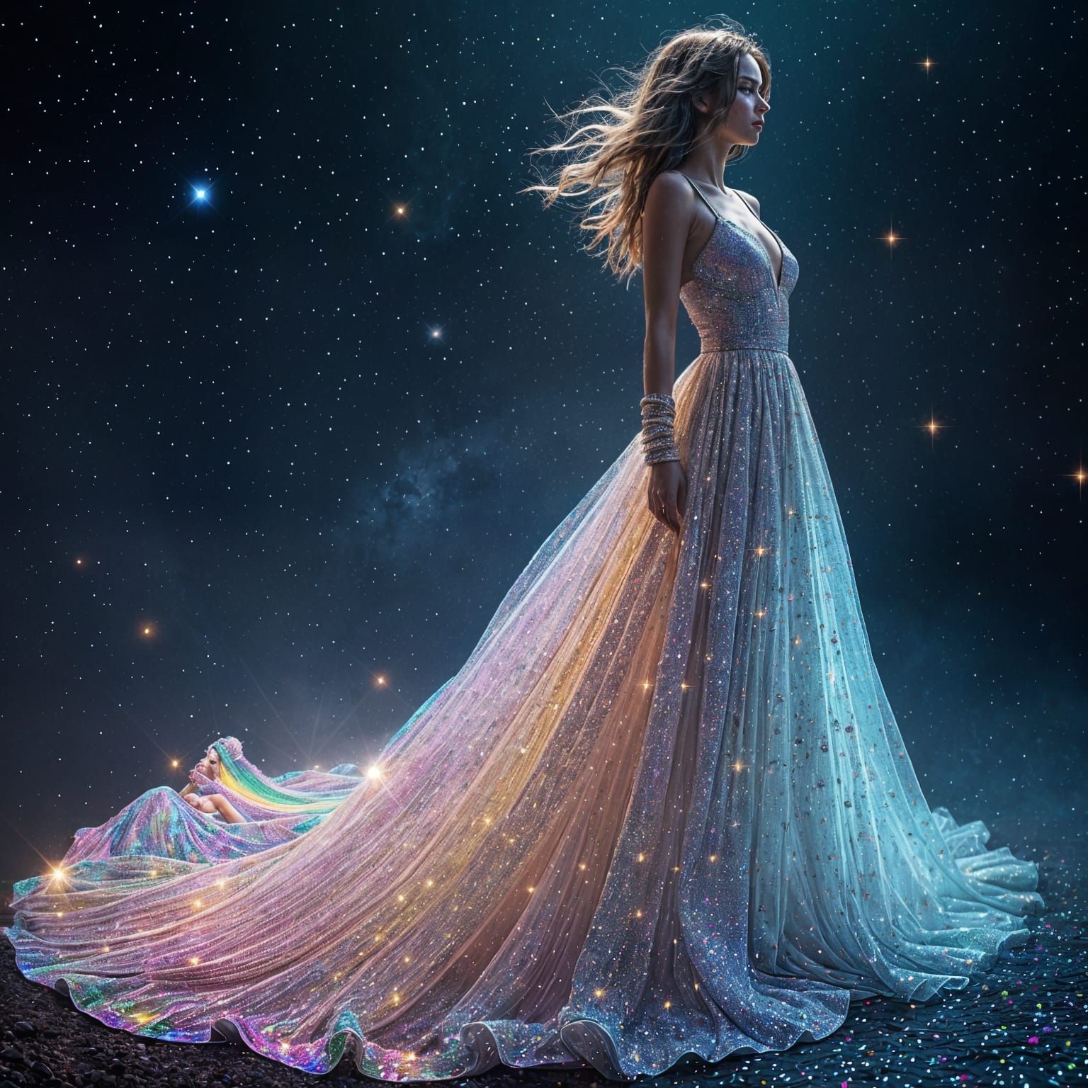 Goddess in Cosmic Rainbow Dress, Uniting Universes
