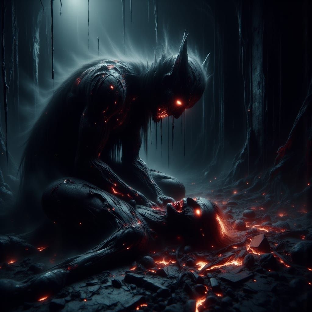 Dark Figure Ripping Organs in Horror Scene