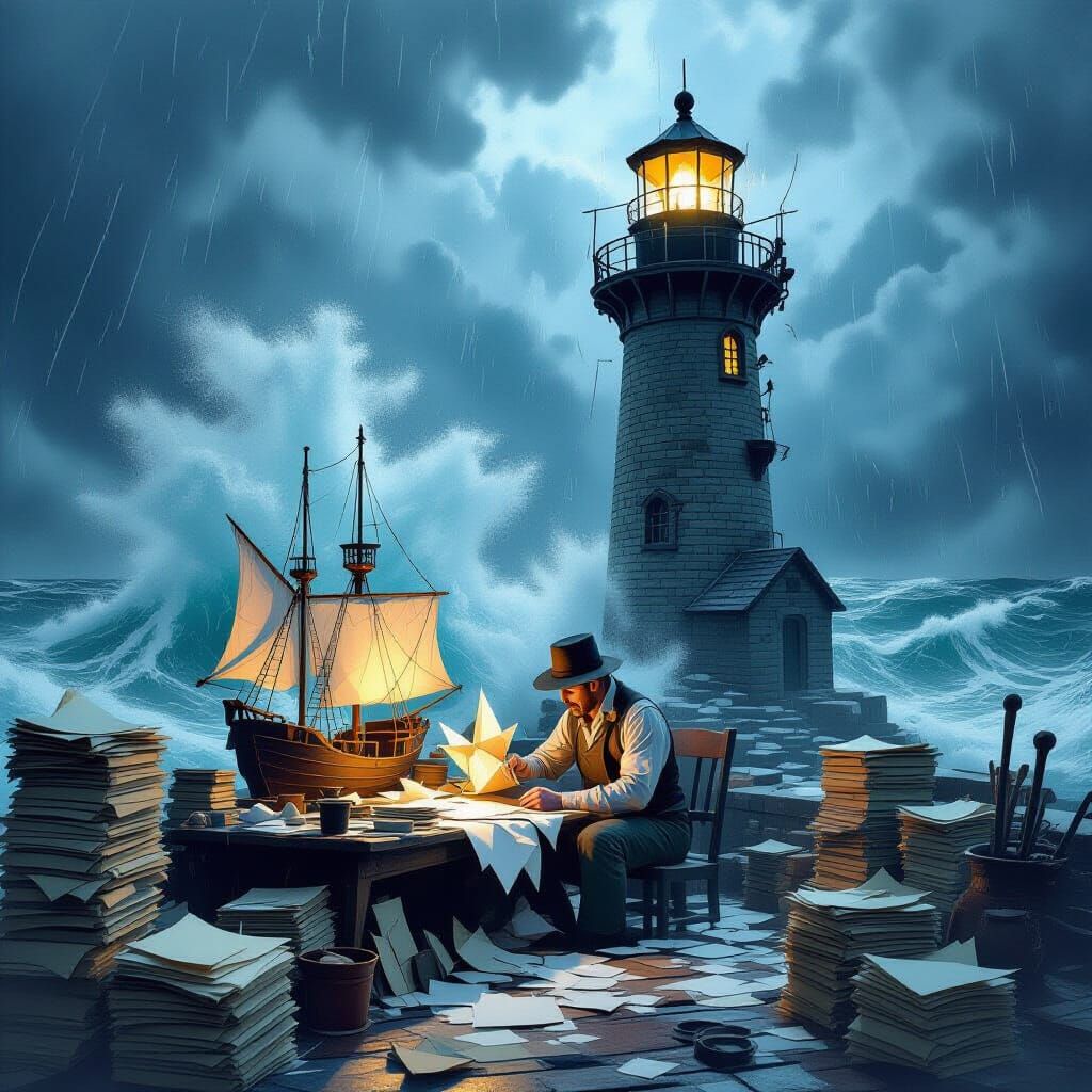 Lighthouse Keeper Crafts Paper Ships Amidst a Storm