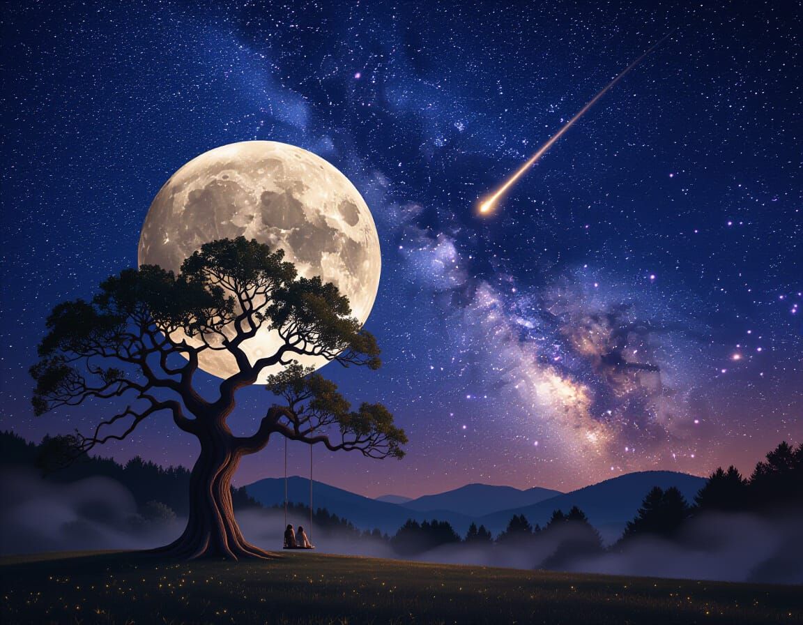 Vast Starry Night Sky with Glowing Moon and Silhouetted Tree