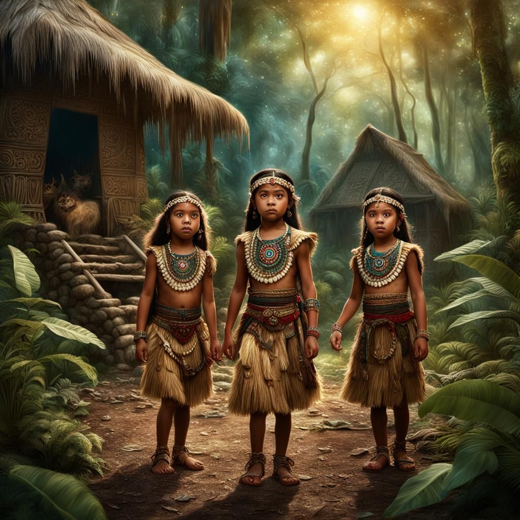 Taino Indian Child Princesses Playing in Forest Village