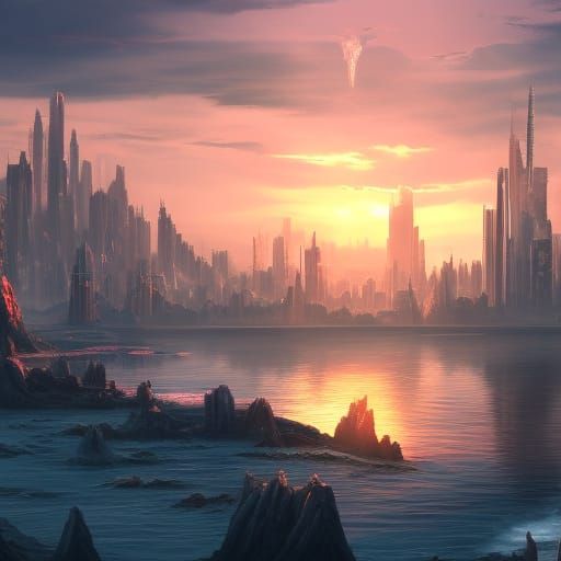 Sunset Cityscape Reflection in Detailed Digital Painting