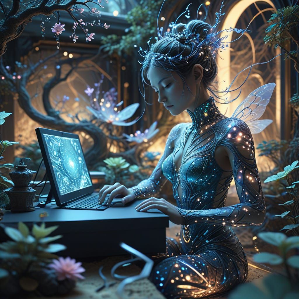 Fairies in a Zen Garden Office with Glowing Circuitry
