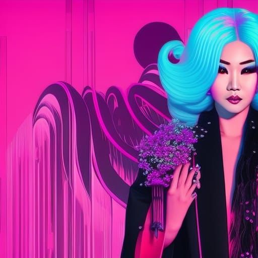 Asian Gothic Woman in Synthwave Neon Landscape