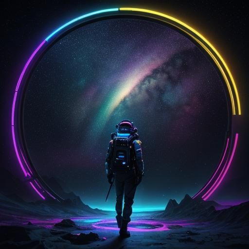 Astronaut and Stargate in Wormhole with Rainbow Lights