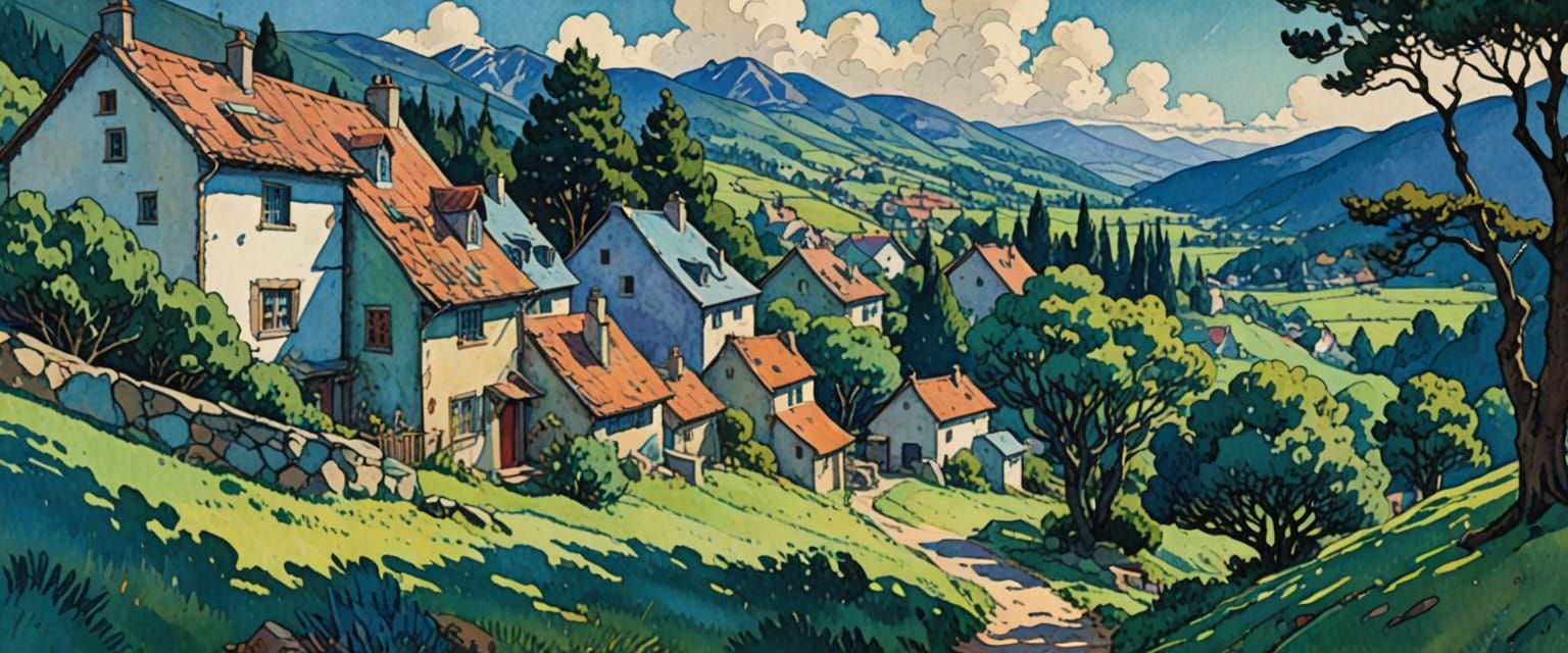 Impressionist Village in Watercolor with Volumetric Lighting