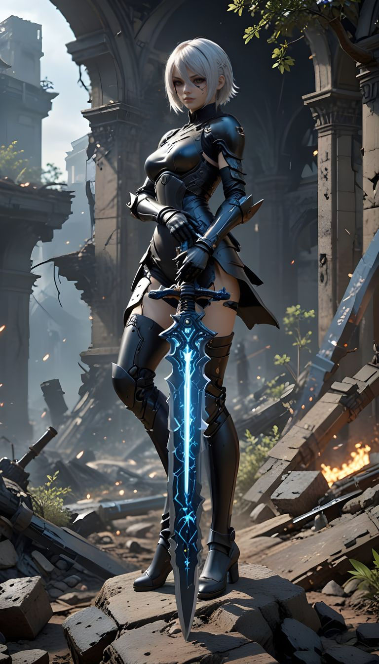 Combat Androids YoRHa in Reclaimed Ruins