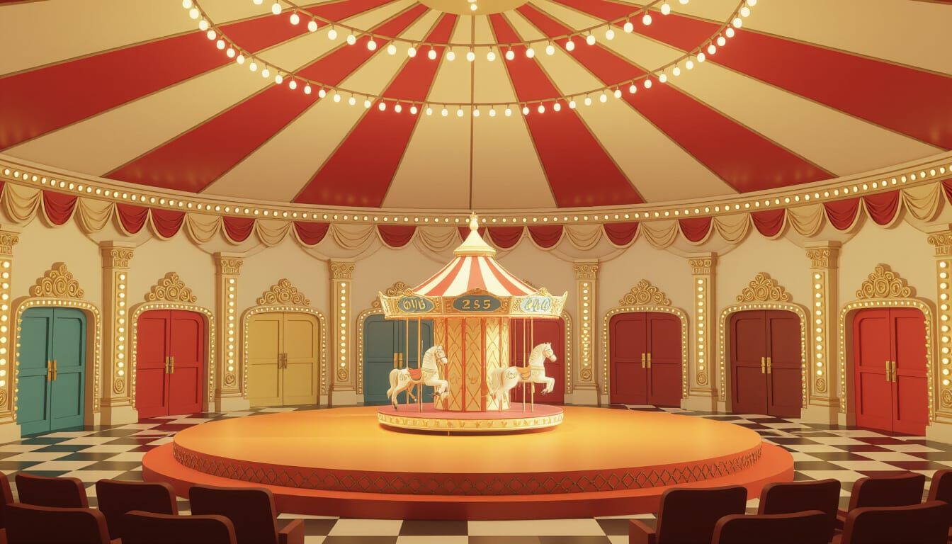 Whimsical Circus Game Show in 3D Rendered Style