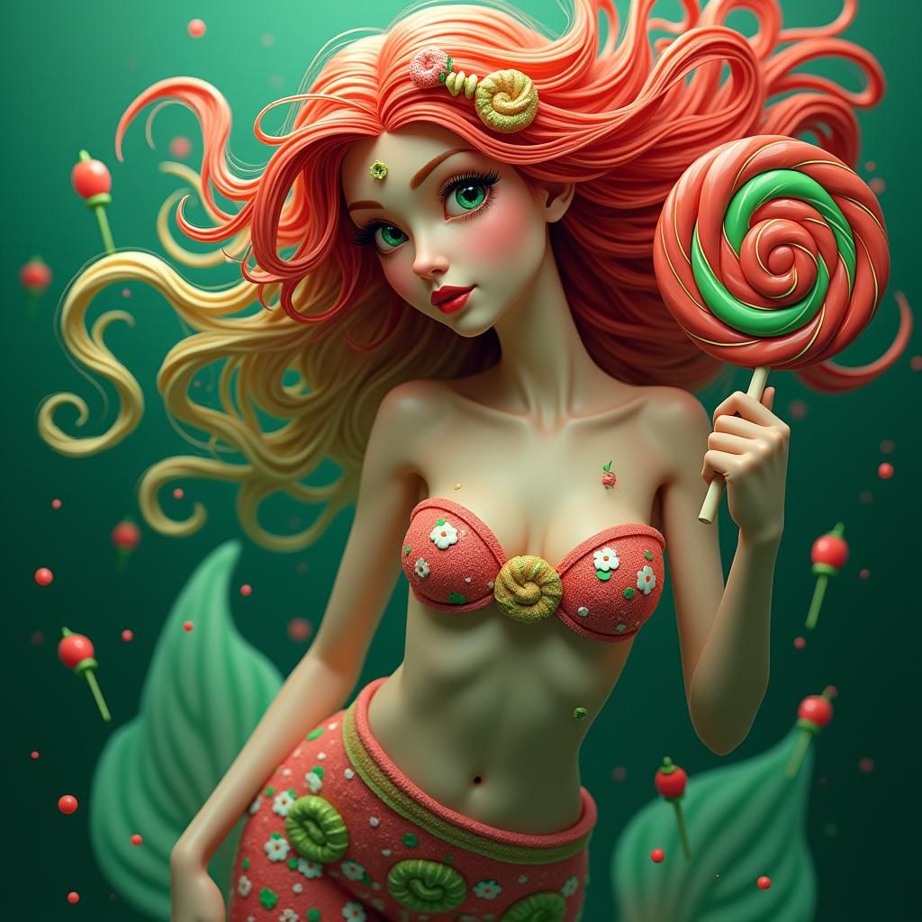 Candy Art Mermaid in Green and Red Sea