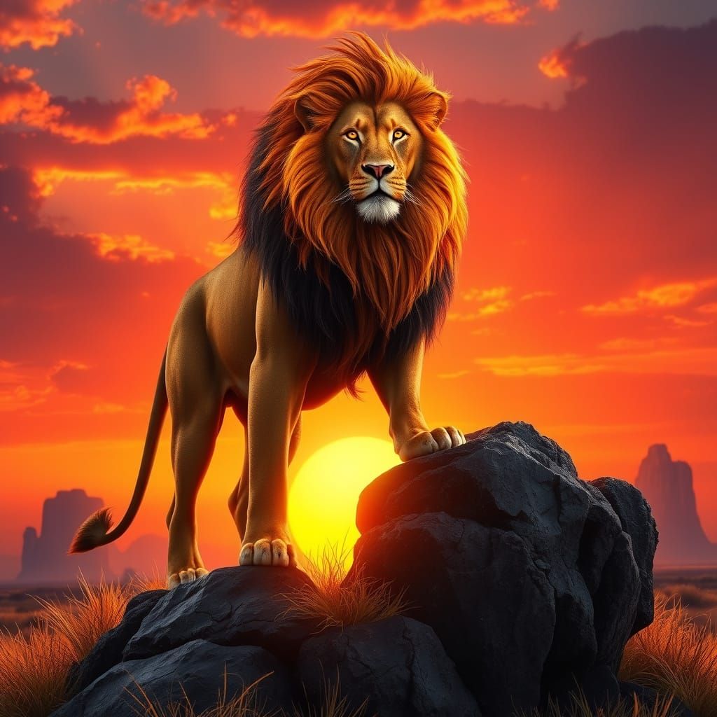 Surreal Lion of Flame Roars Across Sunset Savannah