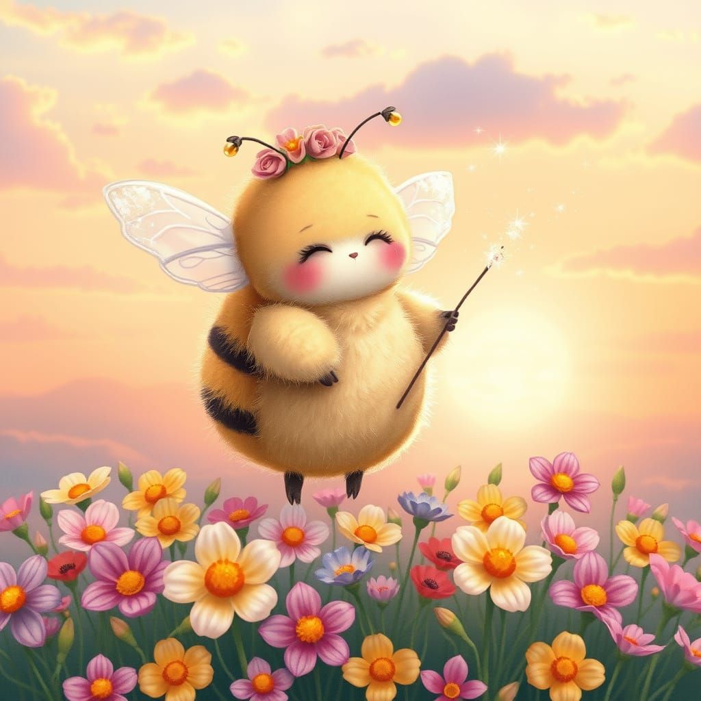 Gentle Bee in Whimsical Floral Wonderland