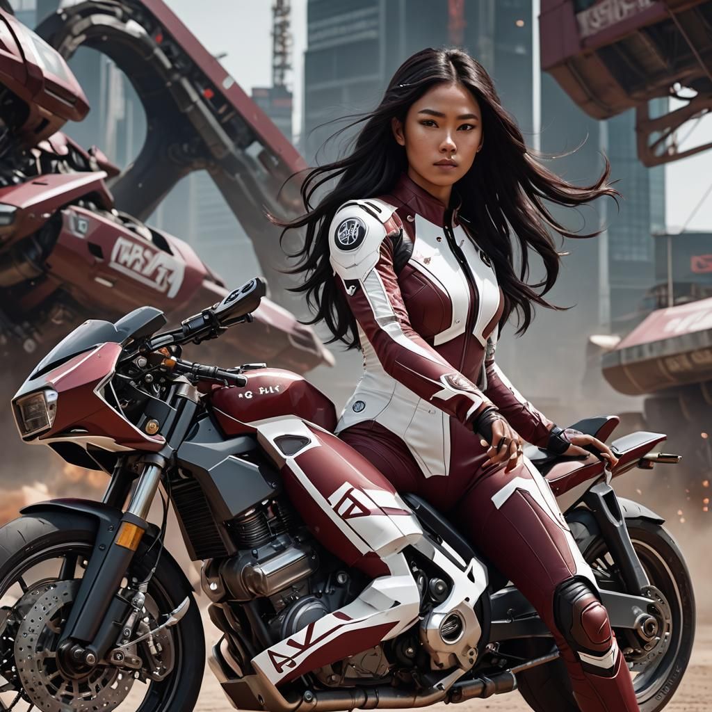 Indonesian Woman on Motorcycle in Futuristic Concept Art