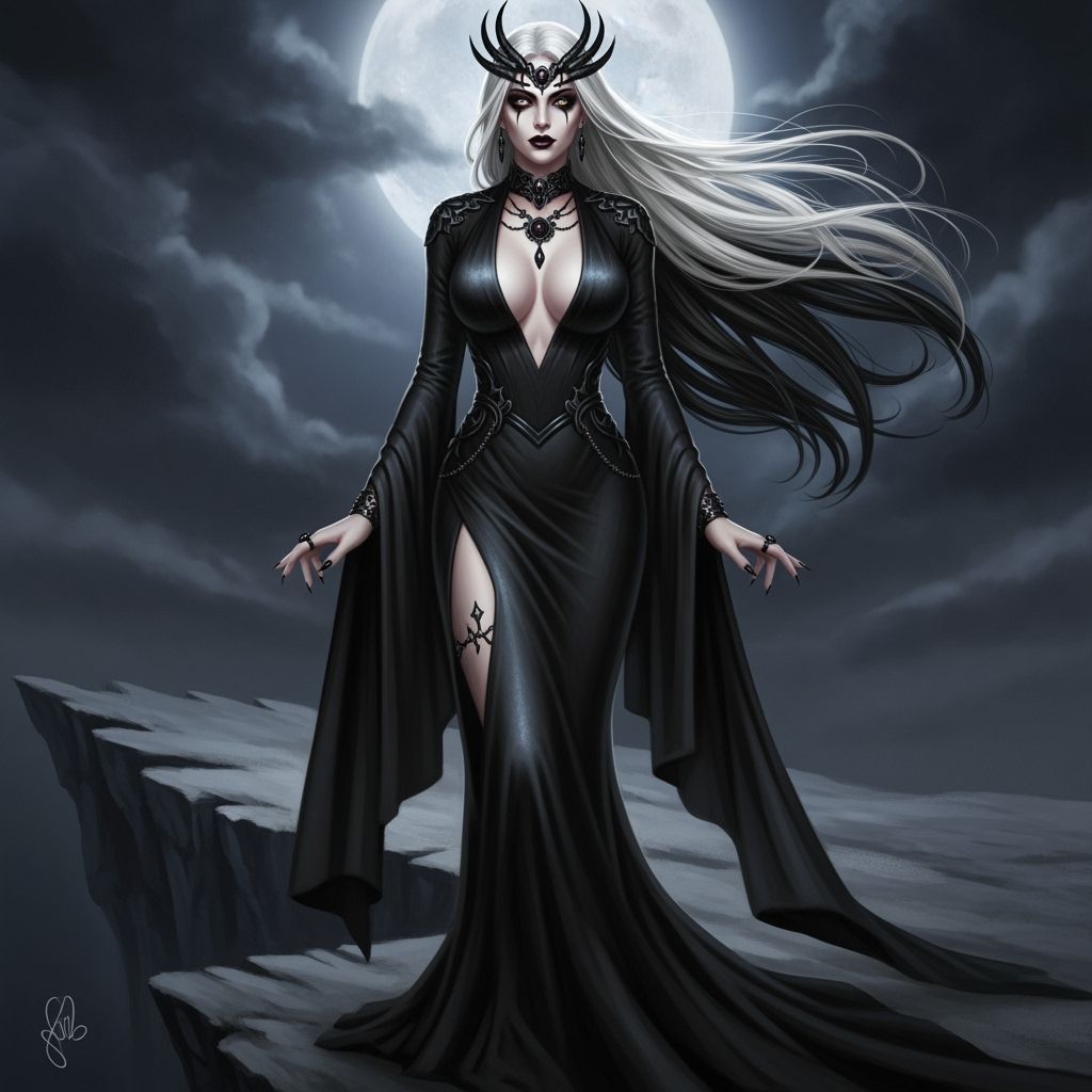 Dark Goddess on Windswept Cliff in Dark Fantasy Style