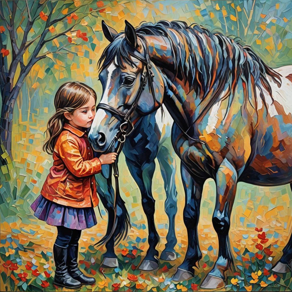 Girl Hugging Horse in Expressionist Oil Painting