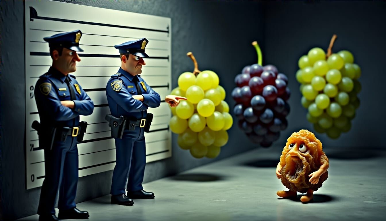 Humorous Fruit Police Lineup with Raisin Suspect