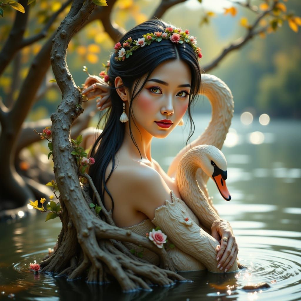 Wood Maiden and Swan Embrace as Tree