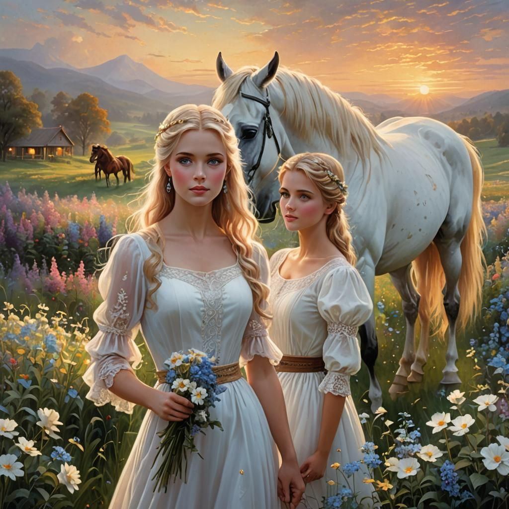 Ethereal Girl with Horse in Flower Field