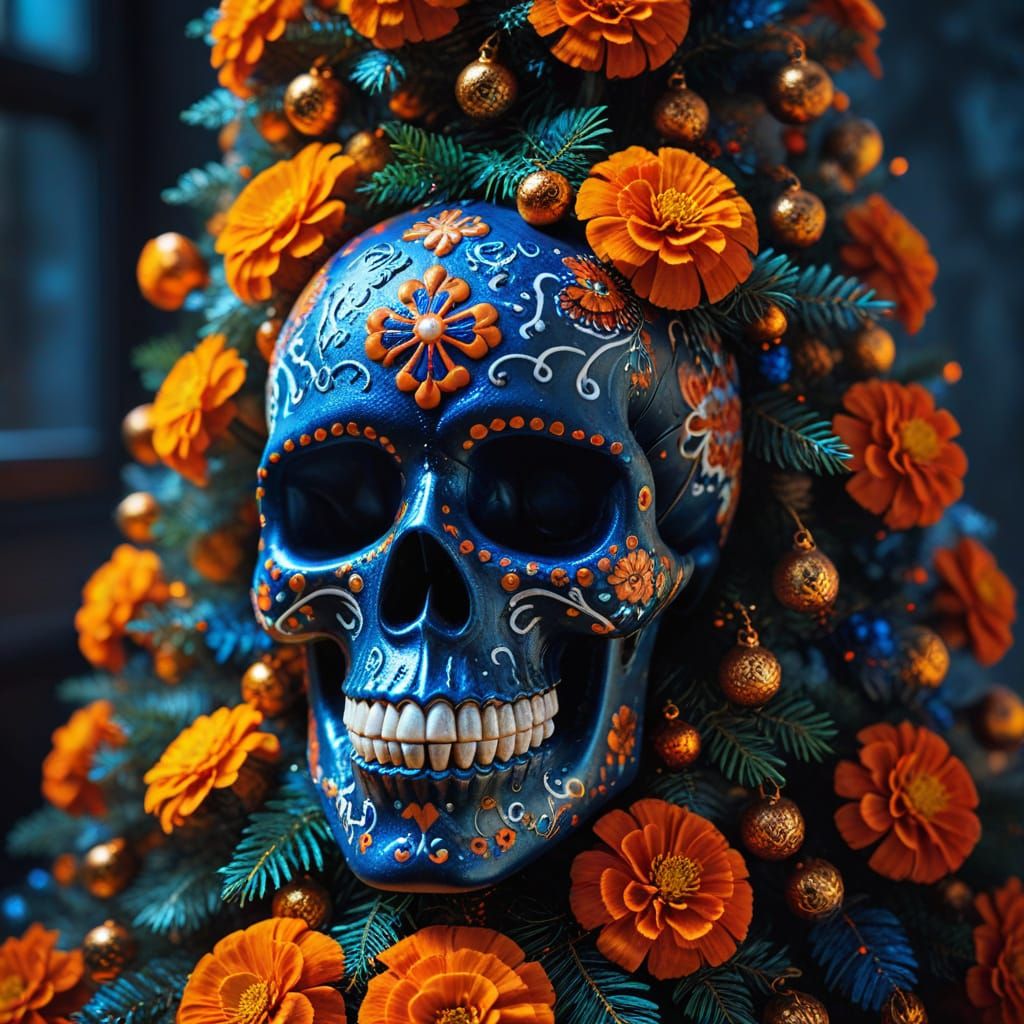 Sugar Skull Christmas Tree with Marigolds
