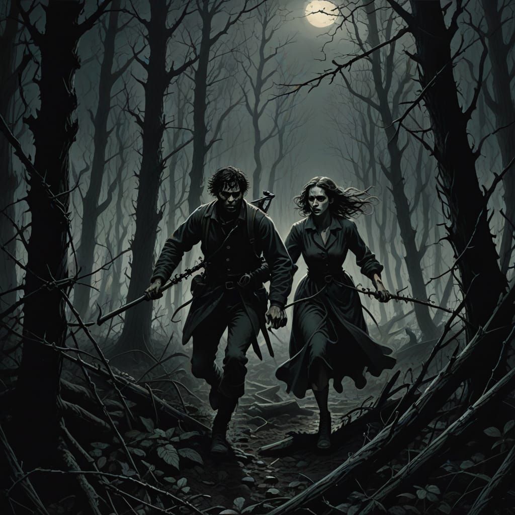 Horror Painting: Couple Flees Eerie Forest at Night