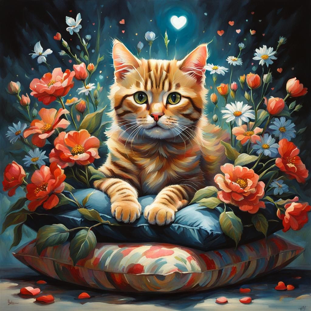 Cute Cat Surrounded by Flowers in Fantasy Art Style