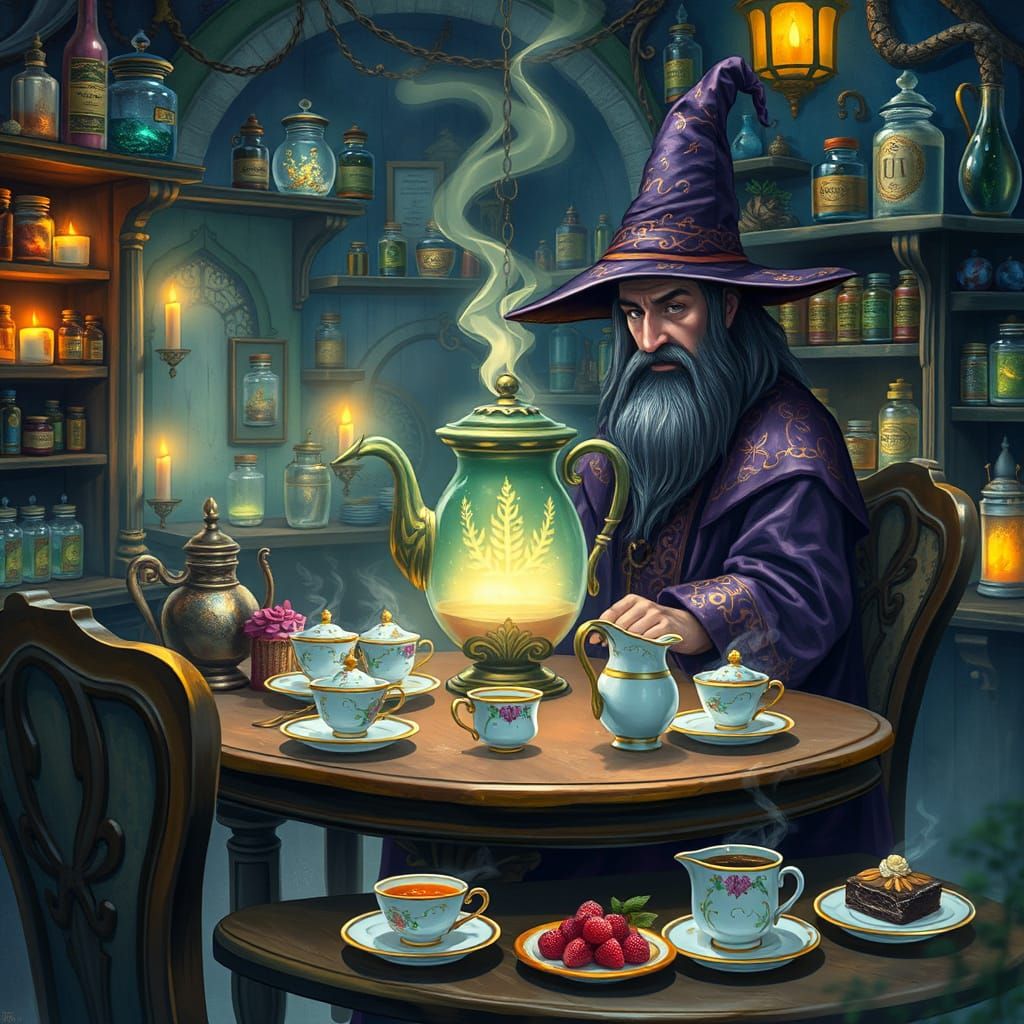 Whimsical Wizard at Enchanted Tea Party in Mystic Apothecary