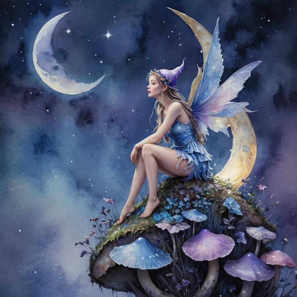 Moon Fairy on Crescent Mushroom in Watercolor