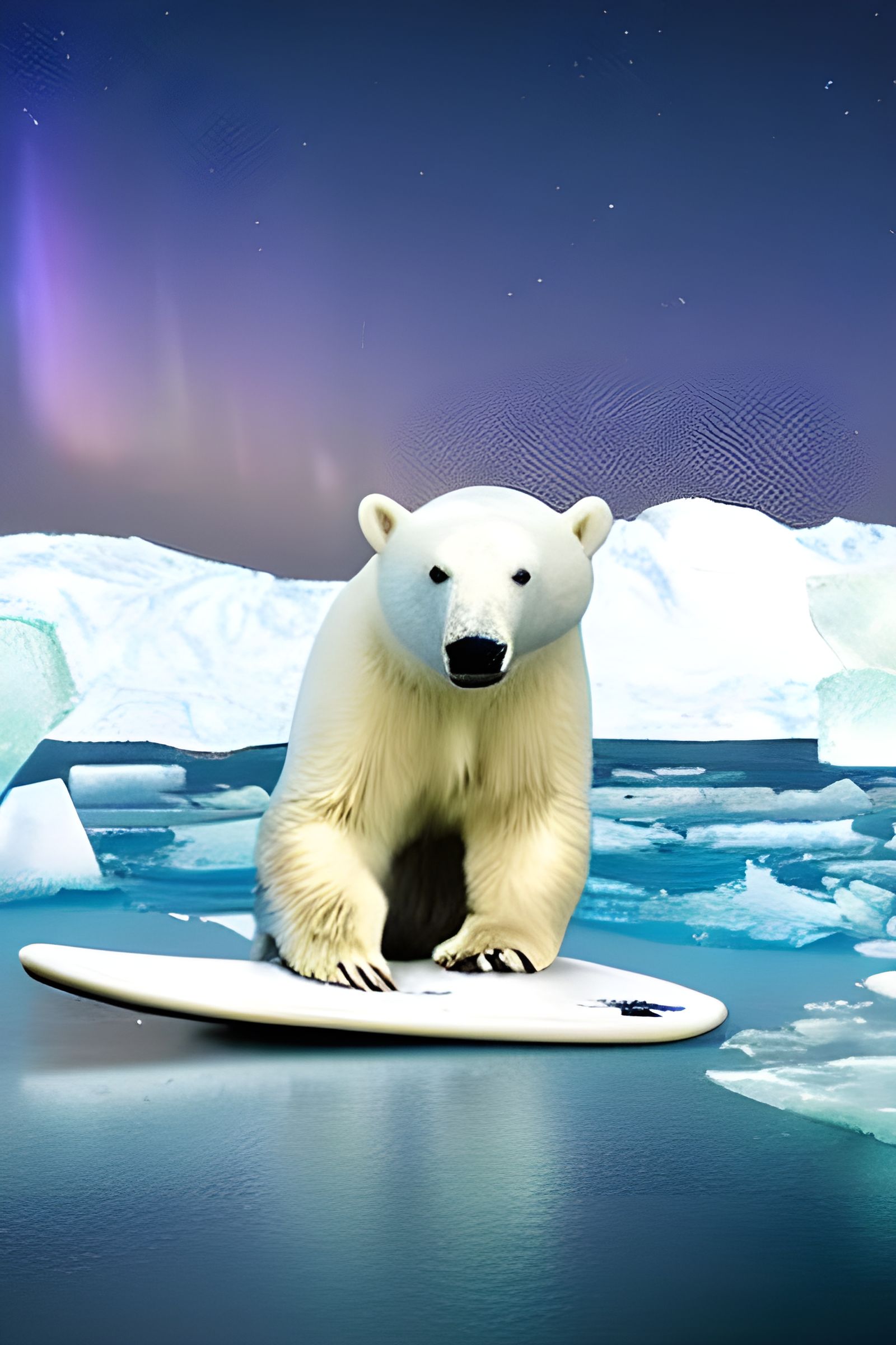 Polar Bear Surfing Under Northern Lights