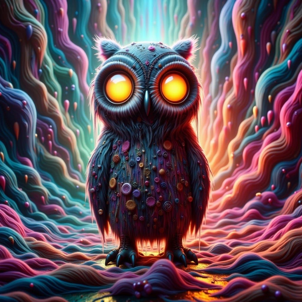 Ethereal Xenomorph Owl in Surreal Abstract Hyper-Maximalism