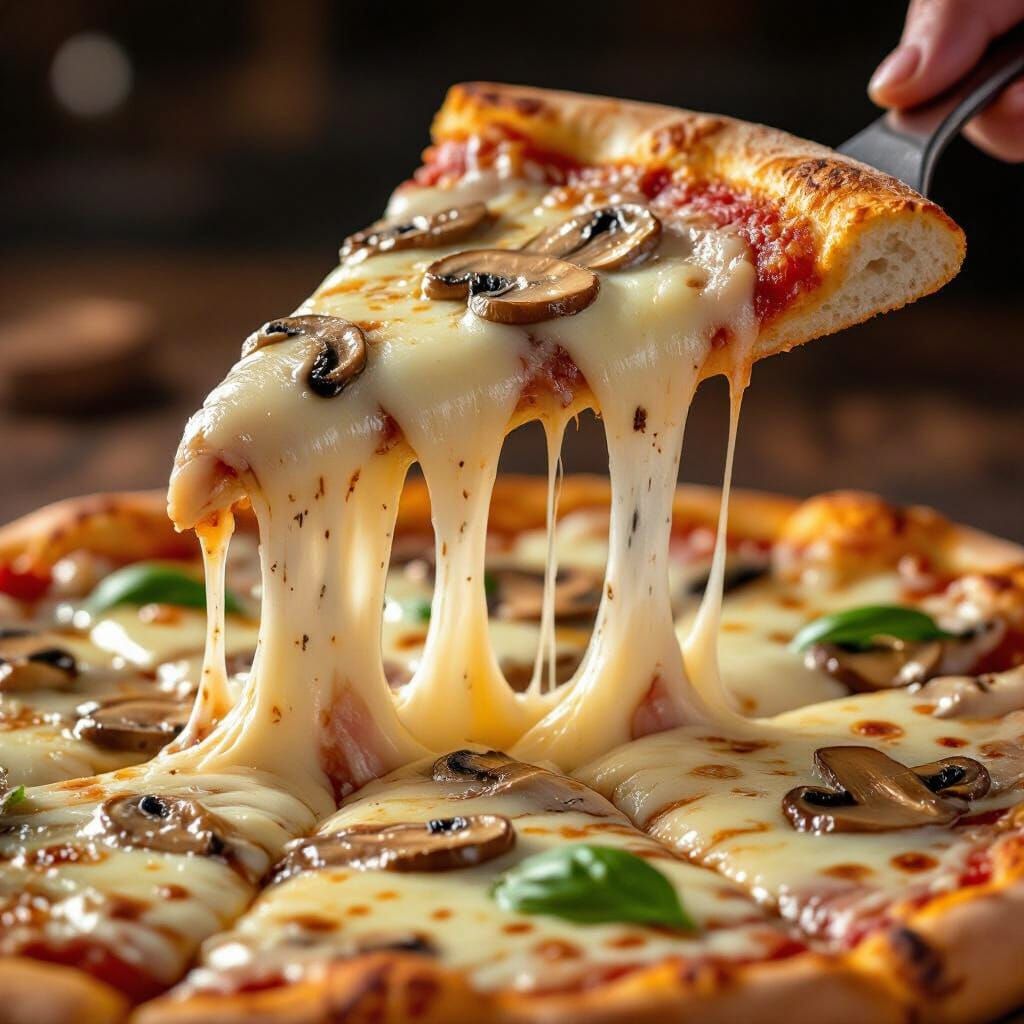 Gourmet Pizza Slice with Extreme Cheese Pull