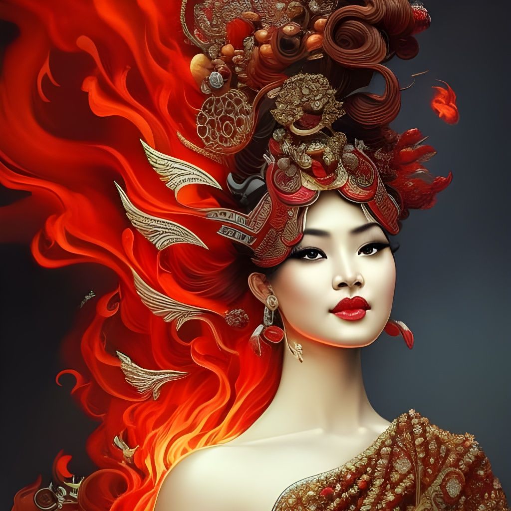Fiery Asian Woman in Red Dress: Ornate Art