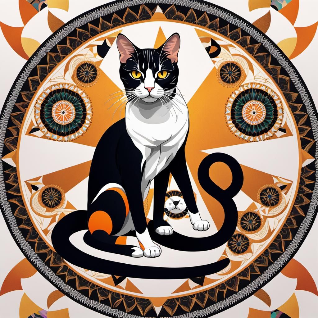 Bold Pop Art Mandala with Scorpion Yoga Pose and Feline Frie...