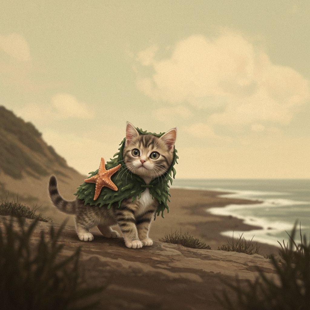 Seaweed Kitten in Vaporwave Coastal Dreamscape