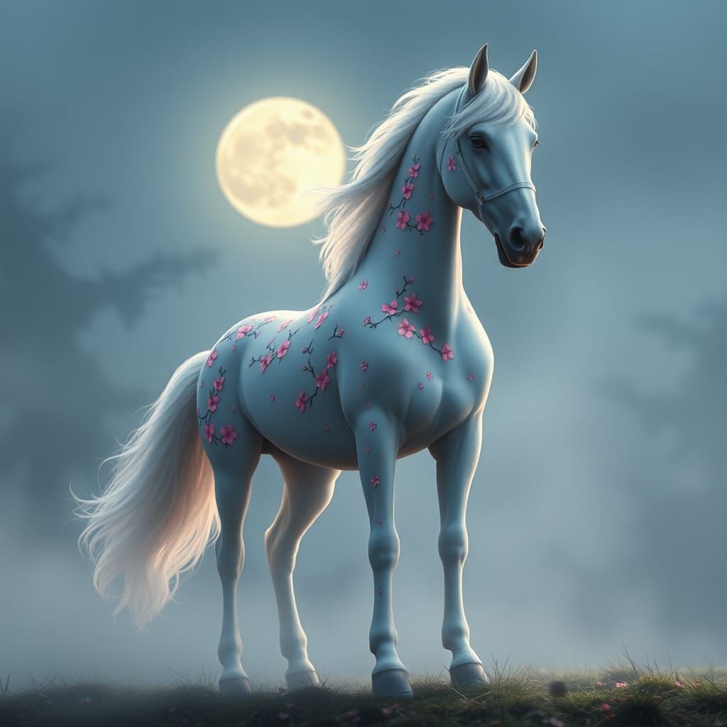Anime Horse with Sakura Patterns in Cinematic Style