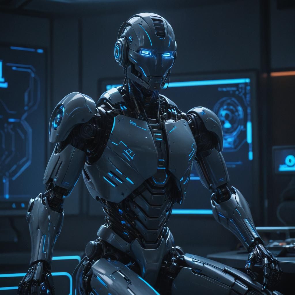 Futuristic Robot with Glowing Screen in Neon Sci-Fi Style