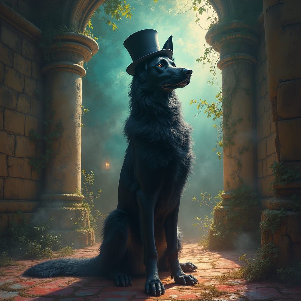 Mystical Dark German Shepherd in Top Hat and Gloves